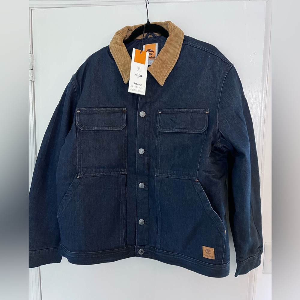 Timberland Men's Trucker Insulated Denim Dark Blue Jacket with Brown Collar NWT
